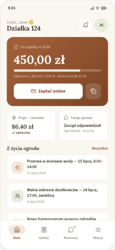 Aplikacja działkowca w telefonie — ekran główny z saldem