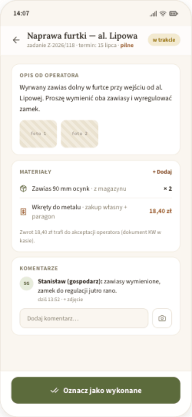 Telefon gospodarza — zadanie naprawy furtki ze zdjęciami