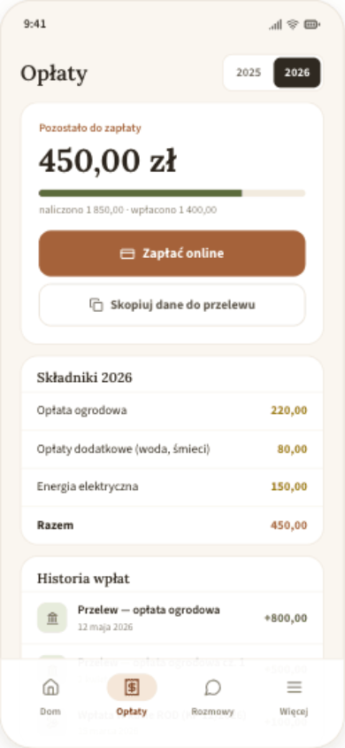 Telefon działkowca — opłaty i przycisk Zapłać online