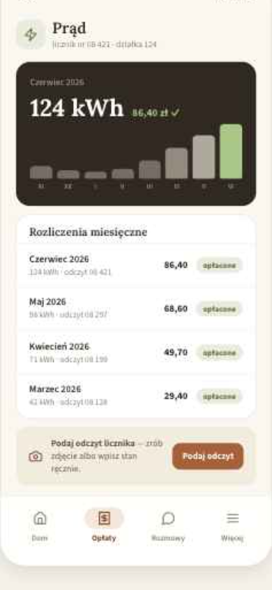 Aplikacja działkowca — rozliczenia prądu z wykresem zużycia