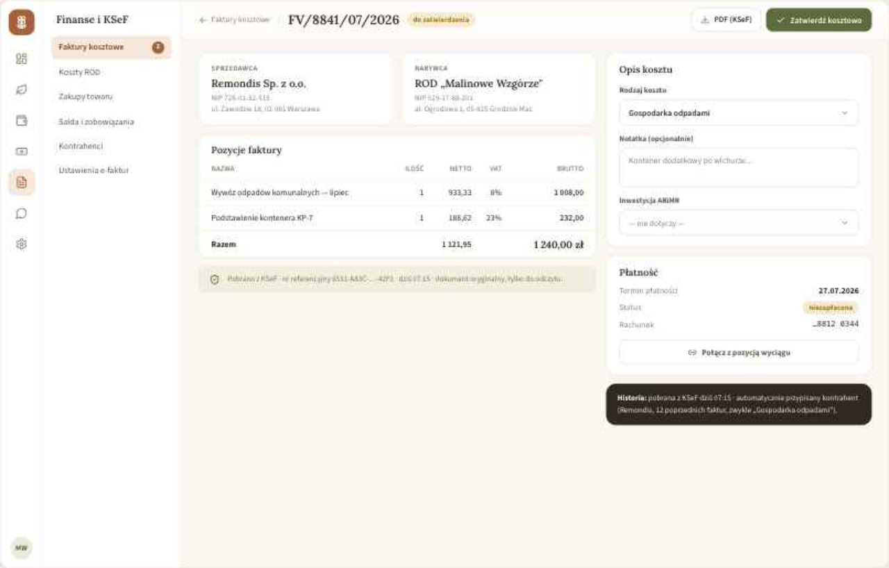 Faktura kosztowa pobrana z KSeF z opisem kosztu