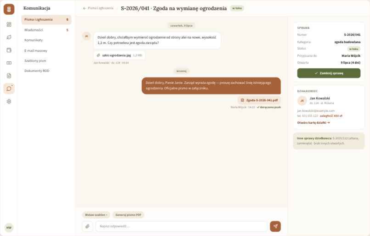 Sprawa działkowca — rozmowa ze statusem i załącznikami