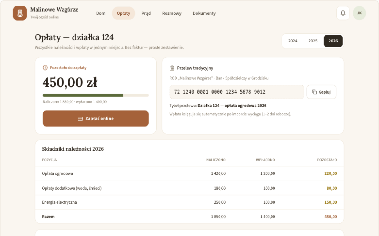 Portal działkowca na tablecie — roczne zestawienie opłat